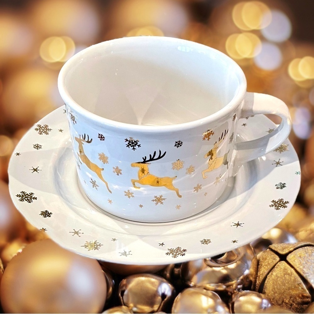 STUDIO Nova Golden Reindeer Flat Cup & Saucer